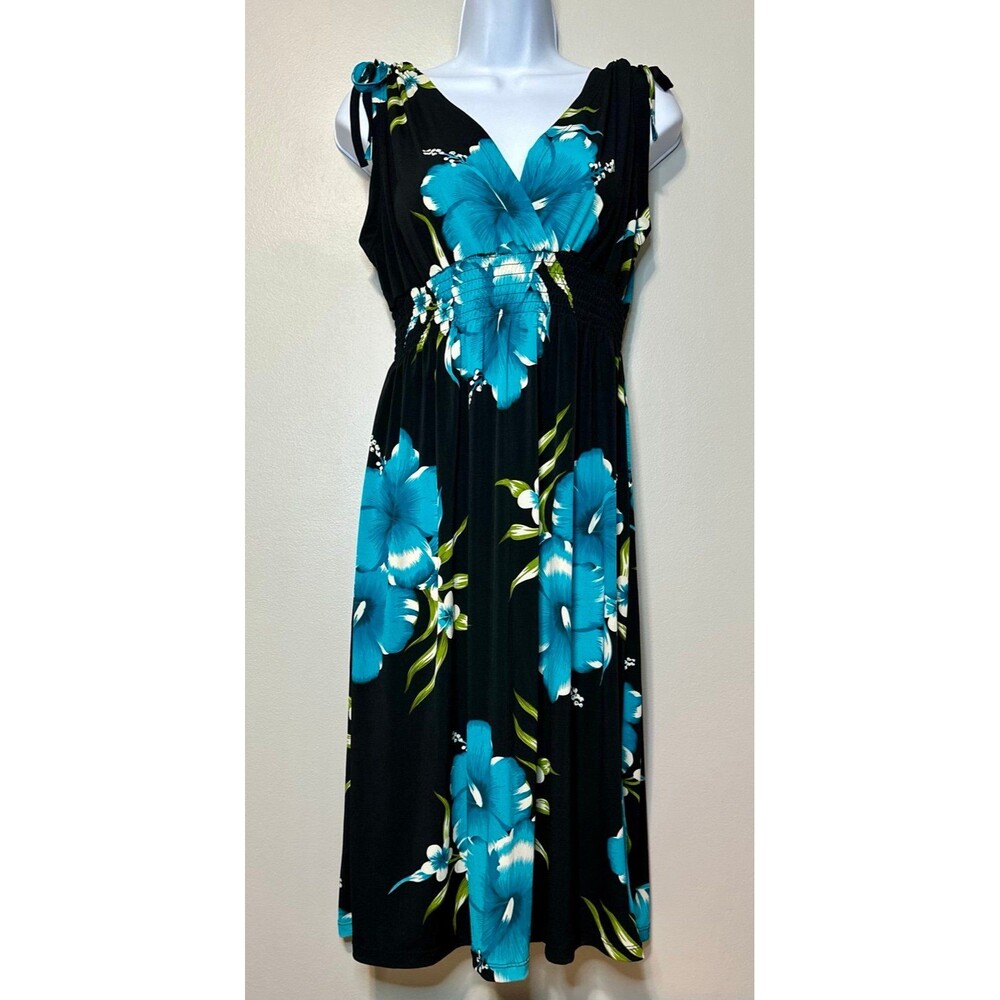 Aloha Fashion Black & Turquoise Hibiscus Floral Hawaiian Midi Dress Tropical